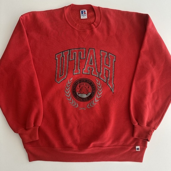 Vintage 90s Utah University Sweatshirt Russell Athletic XL Red Made USA Crewneck - Picture 1 of 13